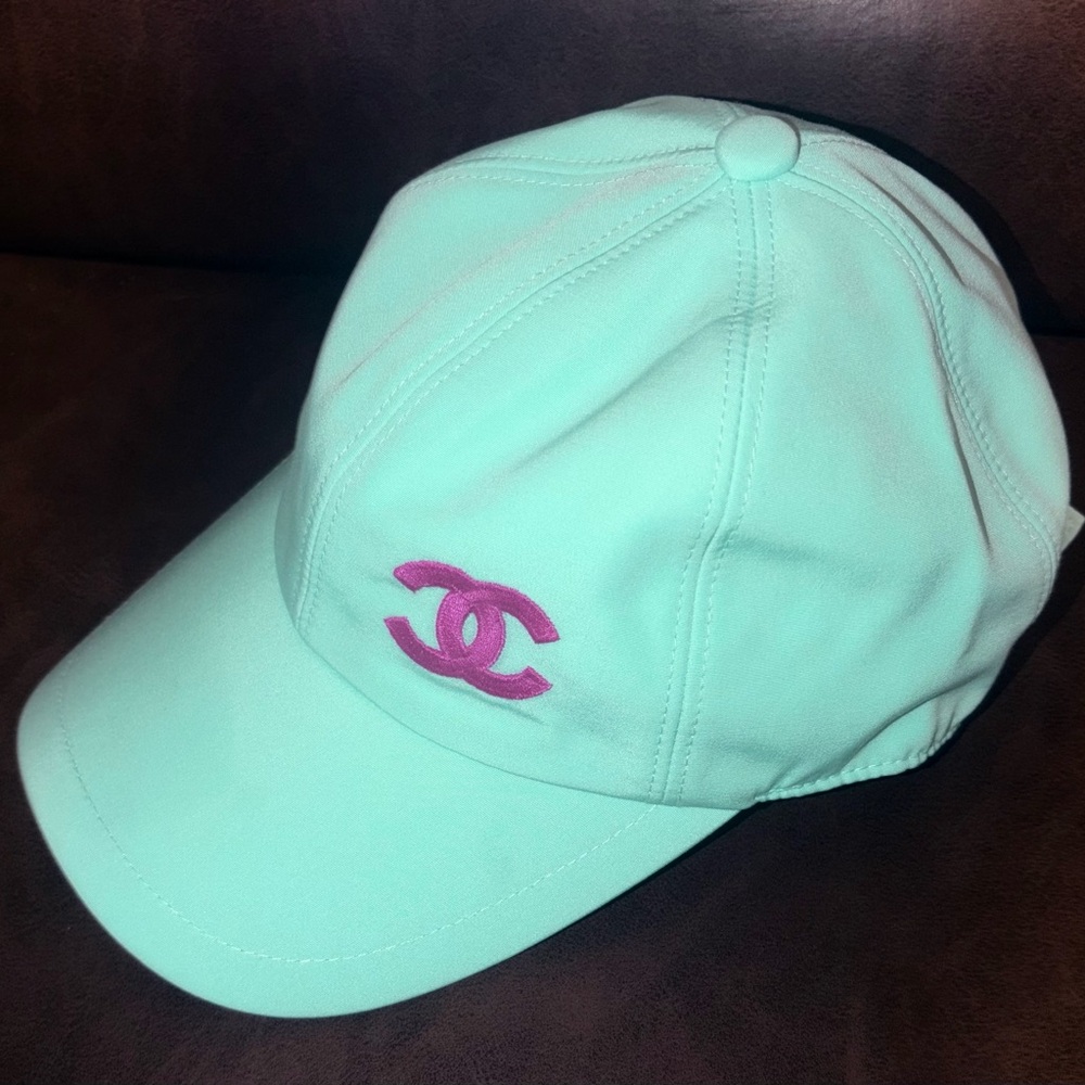 CHANEL hot pink CC Solid light turquoise Blue Cotton Baseball Cap Womens hat LN